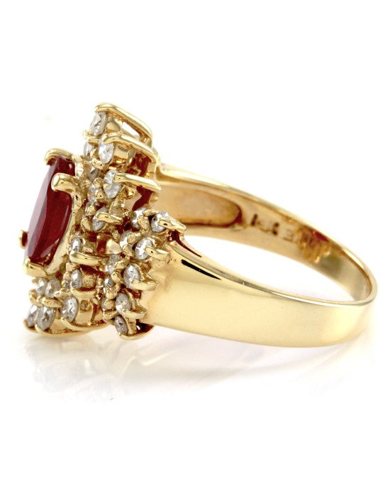 Genuine Ruby Ring & Diamond Cluster Halo in 14K Yellow Gold