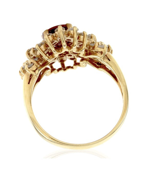 Genuine Ruby Ring & Diamond Cluster Halo in 14K Yellow Gold