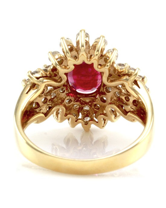 Genuine Ruby Ring & Diamond Cluster Halo in 14K Yellow Gold