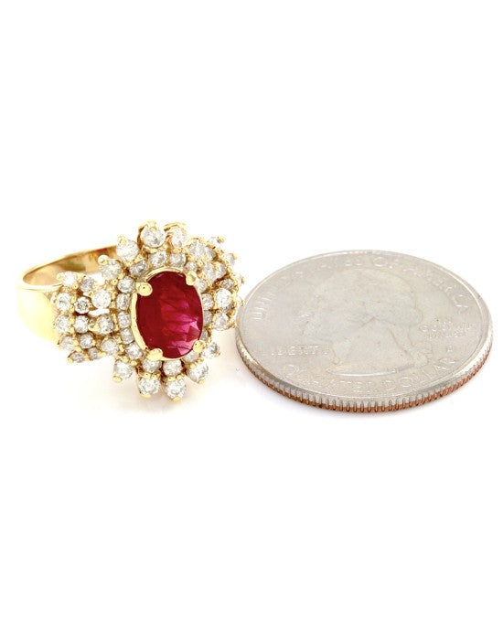 Genuine Ruby Ring & Diamond Cluster Halo in 14K Yellow Gold