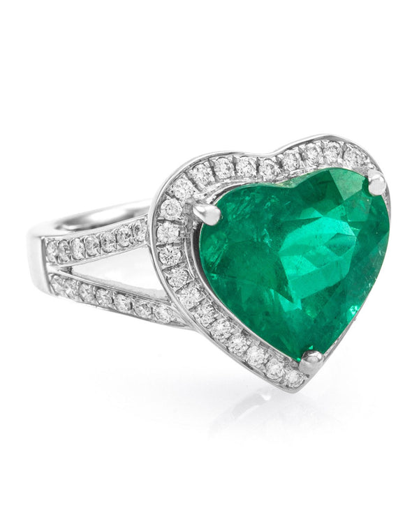 4.76ct GIA Certified Heart Cut Emerald w/ 0.49ctw Diamond Ring in 18K White Gold