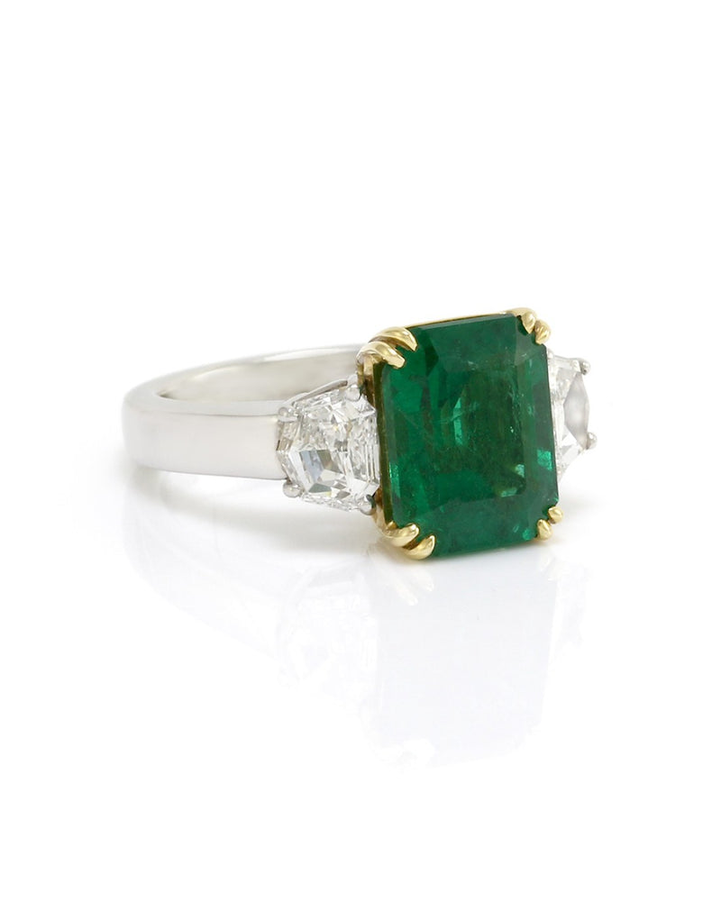 Emerald Cut Emerald with Trapezoid Shaped Diamonds in Platinum and Gold