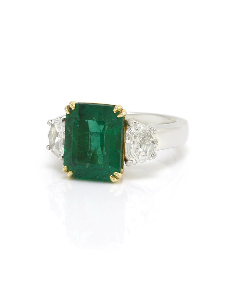 Emerald Cut Emerald with Trapezoid Shaped Diamonds in Platinum and Gold