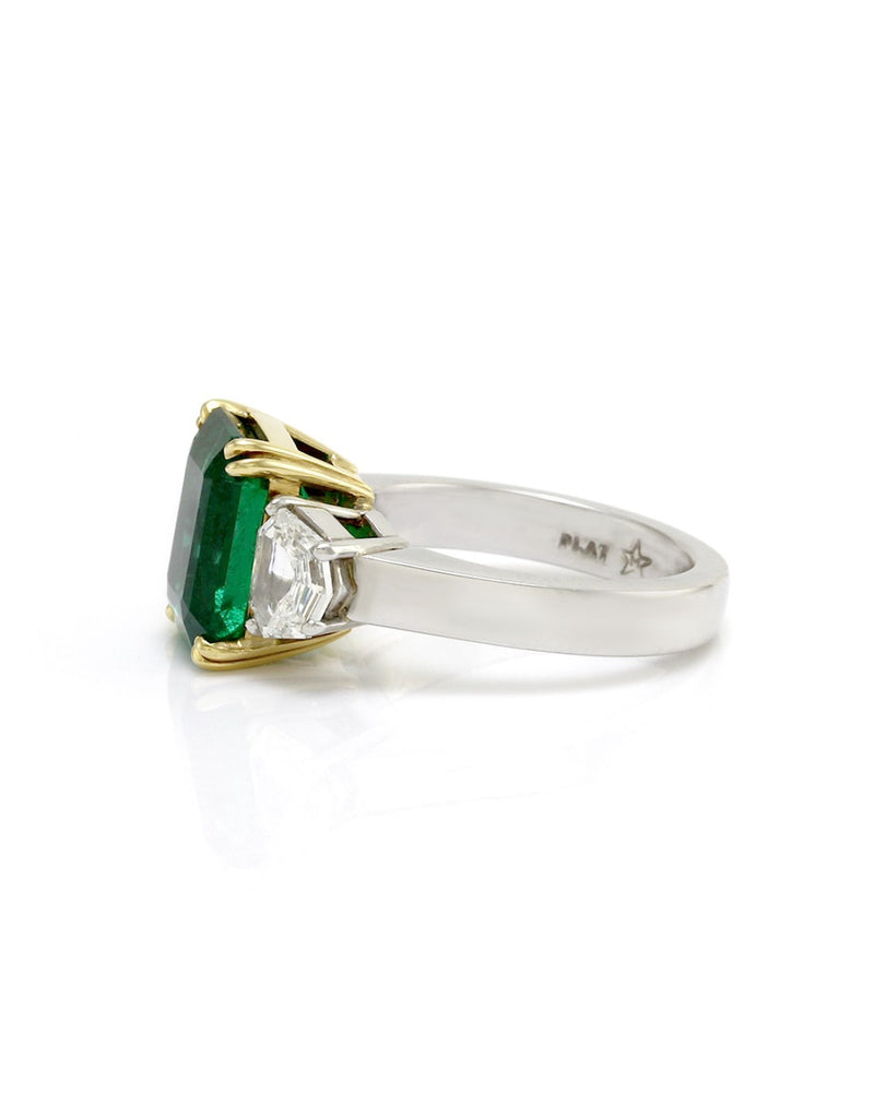 Emerald Cut Emerald with Trapezoid Shaped Diamonds in Platinum and Gold