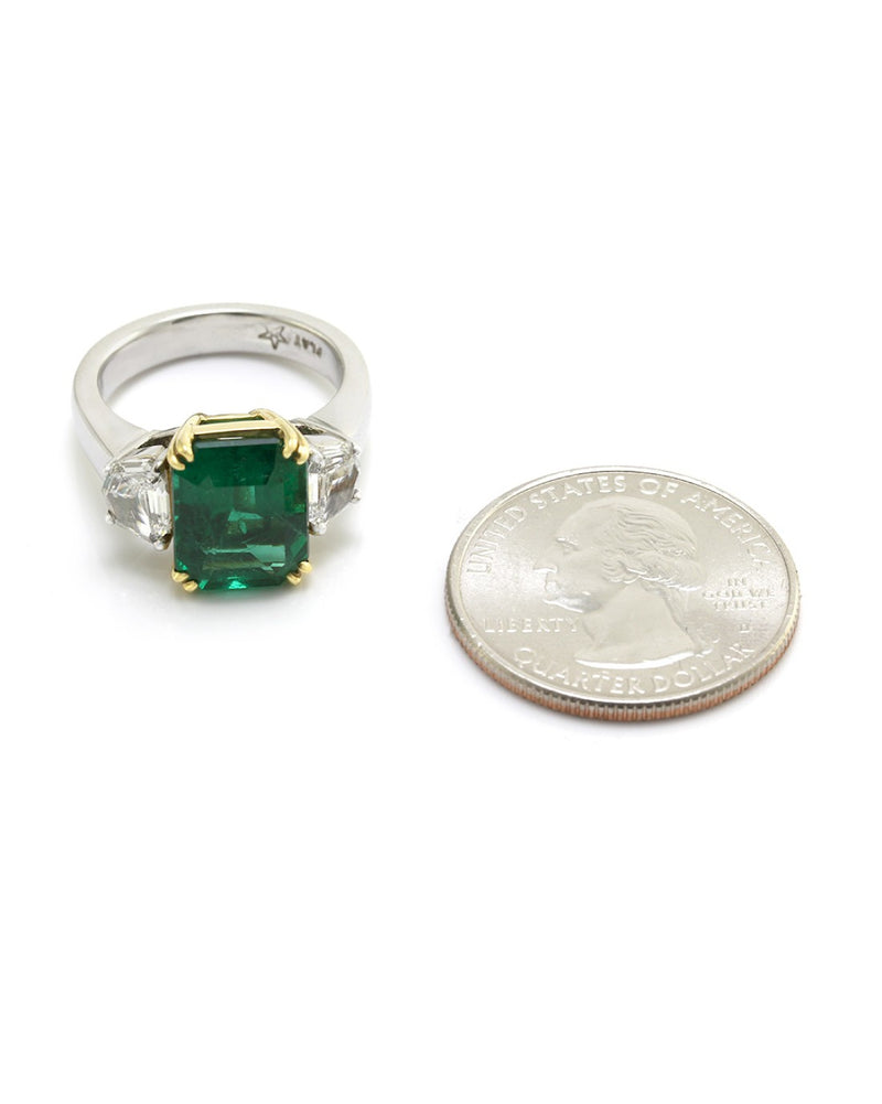 Emerald Cut Emerald with Trapezoid Shaped Diamonds in Platinum and Gold