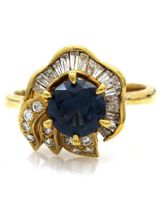 Blue Sapphire and Mixed Cut Diamond Ring in Gold