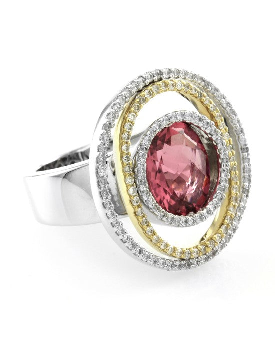 Checkerboard Cut Pink Tourmaline Triple Halo Pave Diamond Ring in 18K Gold