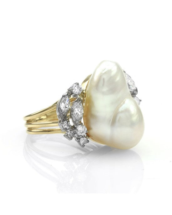 Baroque South Sea Pearl Ring with Diamonds in Gold