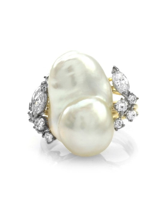 Baroque South Sea Pearl Ring with Diamonds in Gold