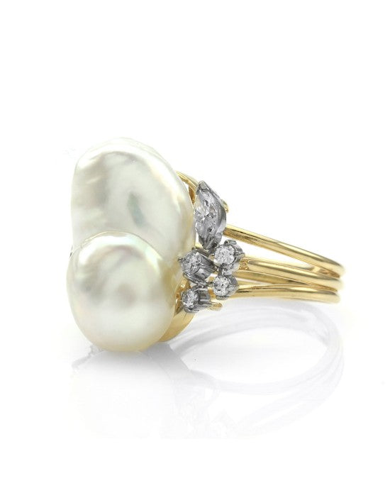 Baroque South Sea Pearl Ring with Diamonds in Gold