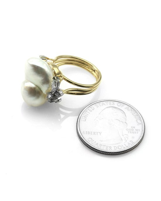 Baroque South Sea Pearl Ring with Diamonds in Gold