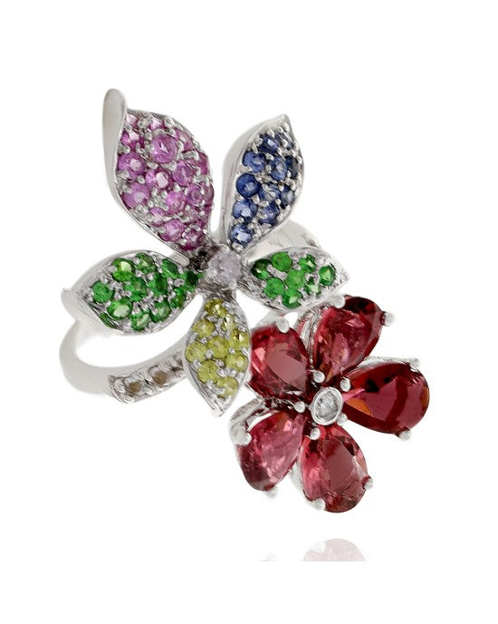 Multi-Color Multi-Gemstone & Diamond Flower Ring in 18K White Gold