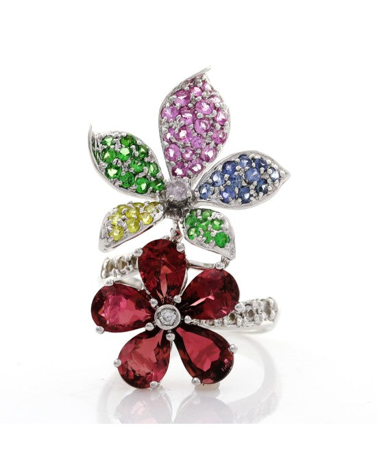 Multi-Color Multi-Gemstone & Diamond Flower Ring in 18K White Gold