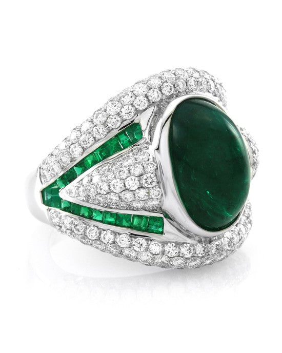 6.65ct Emerald & 2.53ctw Pave Diamond Statement Ring in 18K White Gold