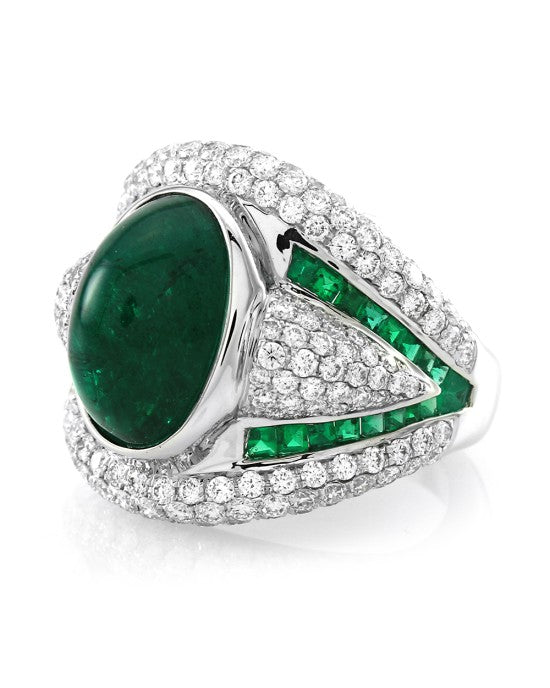 6.65ct Emerald & 2.53ctw Pave Diamond Statement Ring in 18K White Gold