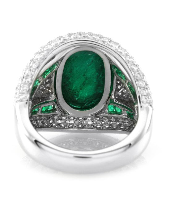 6.65ct Emerald & 2.53ctw Pave Diamond Statement Ring in 18K White Gold