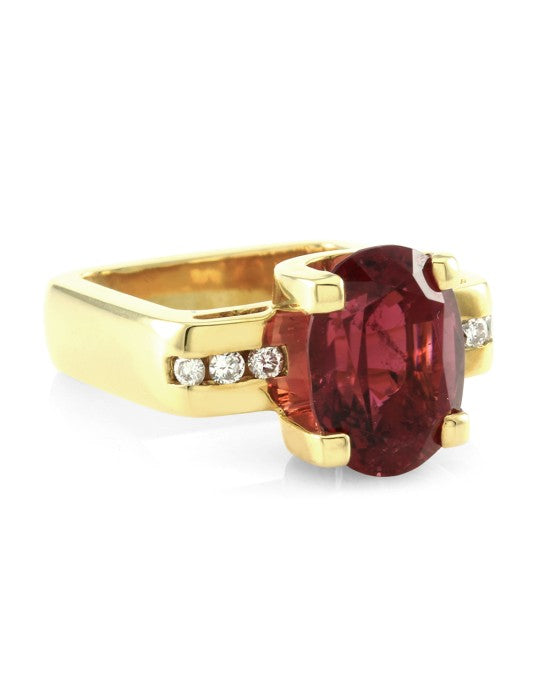 Rubellite Ring with Euro Shank & Diamonds in 18K Yellow Gold