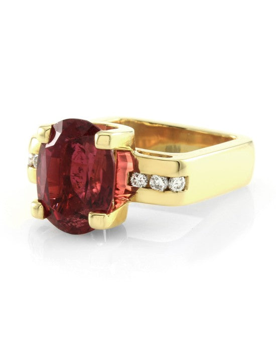 Rubellite Ring with Euro Shank & Diamonds in 18K Yellow Gold