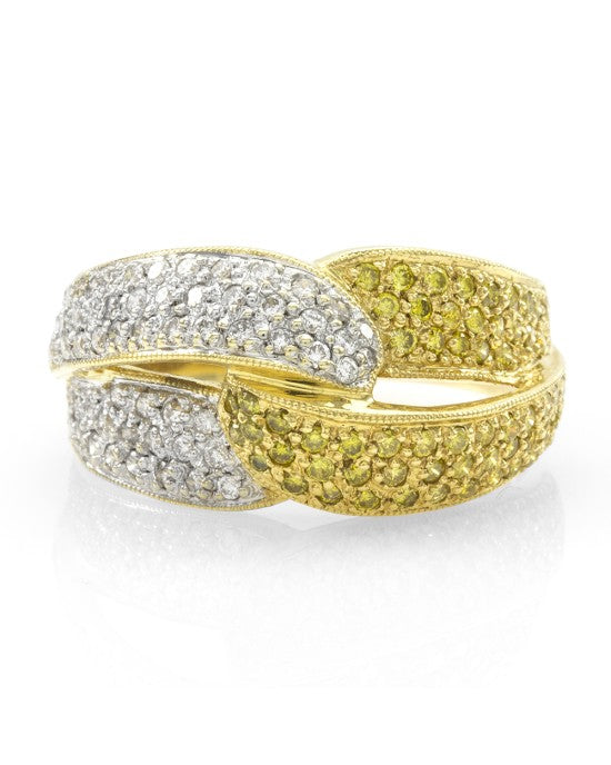 Pave Diamond Crossover Ring w/ White & Yellow Diamonds in 18K Yellow Gold