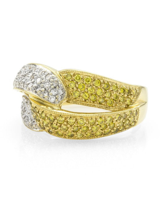 Pave Diamond Crossover Ring w/ White & Yellow Diamonds in 18K Yellow Gold