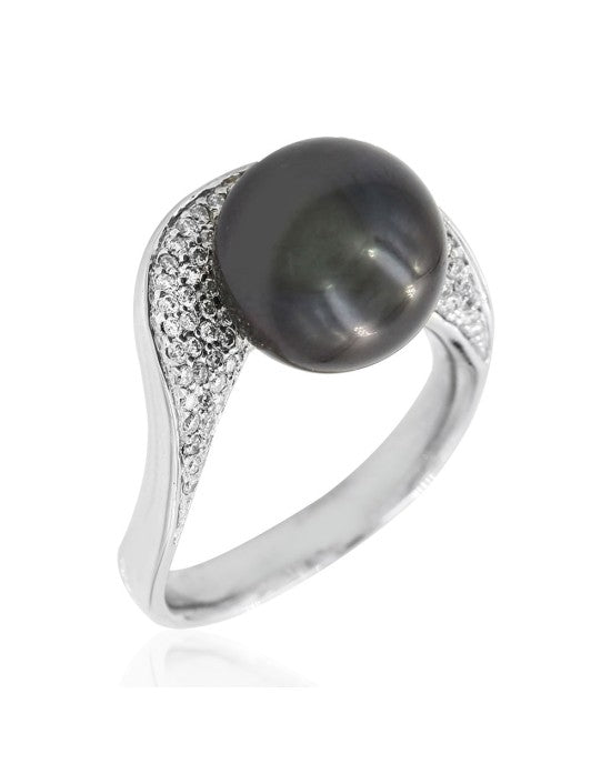 11.3mm South Sea Pearl & 0.60ctw Pave Diamond Ring in 18K White Gold