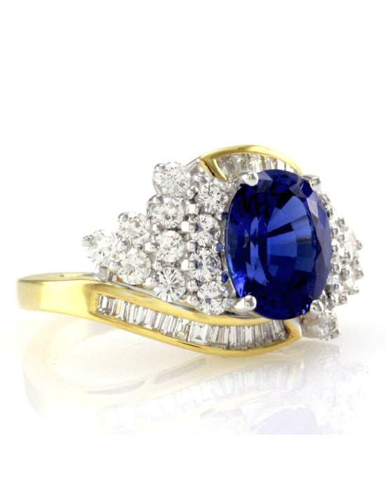 Oval Tanzanite Bypass Ring w/ Diamond Cluster in Two Tone 18K Gold