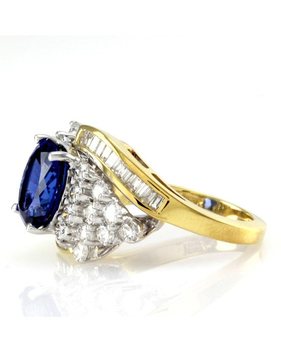 Oval Tanzanite Bypass Ring w/ Diamond Cluster in Two Tone 18K Gold