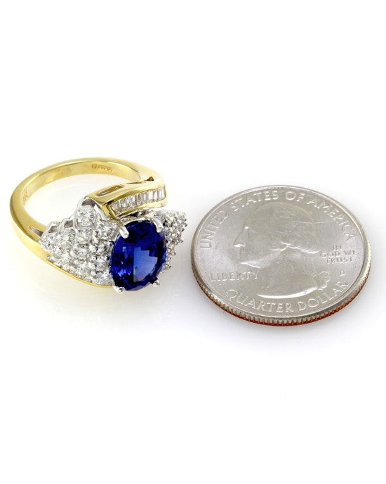 Oval Tanzanite Bypass Ring w/ Diamond Cluster in Two Tone 18K Gold