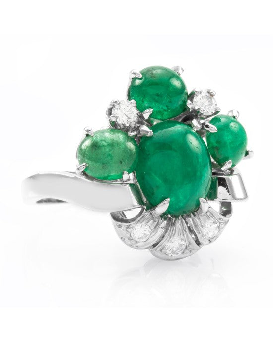 Retro 3.90ctw Emerald Cabochon & 0.18ctw Diamond Ring in Platinum