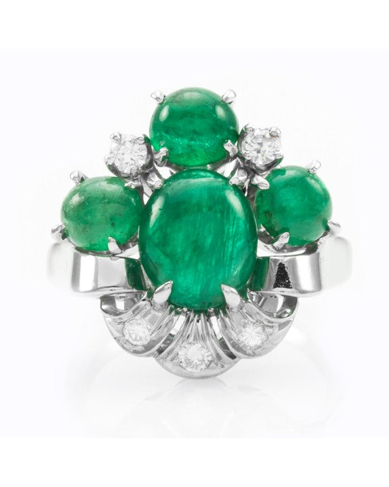 Retro 3.90ctw Emerald Cabochon & 0.18ctw Diamond Ring in Platinum