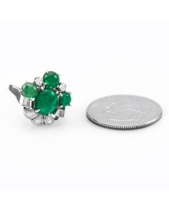 Retro 3.90ctw Emerald Cabochon & 0.18ctw Diamond Ring in Platinum