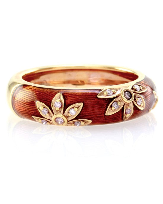 Hidalgo Brown Enamel Flower Band w/ 0.09ctw Diamonds in 18K Rose Gold SZ 6.75