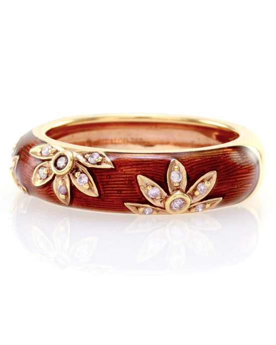 Hidalgo Brown Enamel Flower Band w/ 0.09ctw Diamonds in 18K Rose Gold SZ 6.75