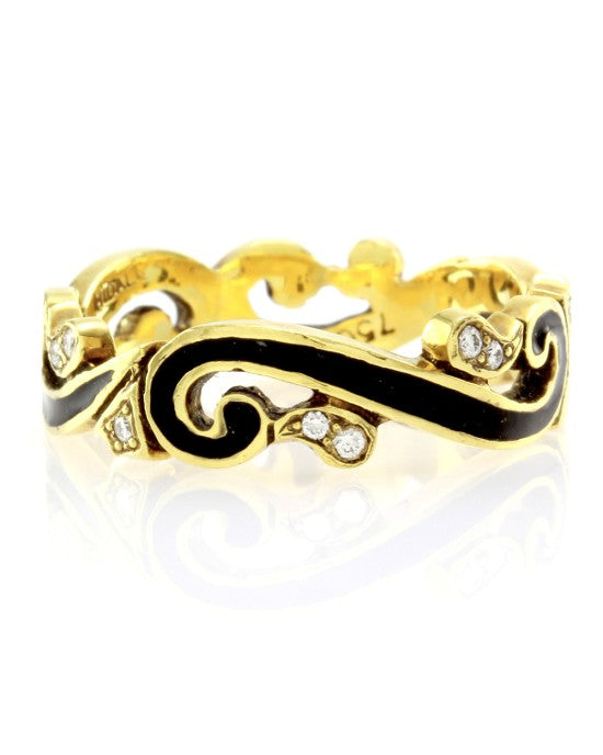 Hidalgo Black Enamel & 0.09ctw Diamond Scroll Band in 18K Yellow Gold SZ 6.5