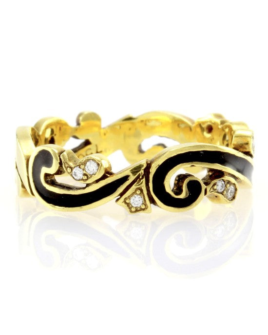 Hidalgo Black Enamel & 0.09ctw Diamond Scroll Band in 18K Yellow Gold SZ 6.5