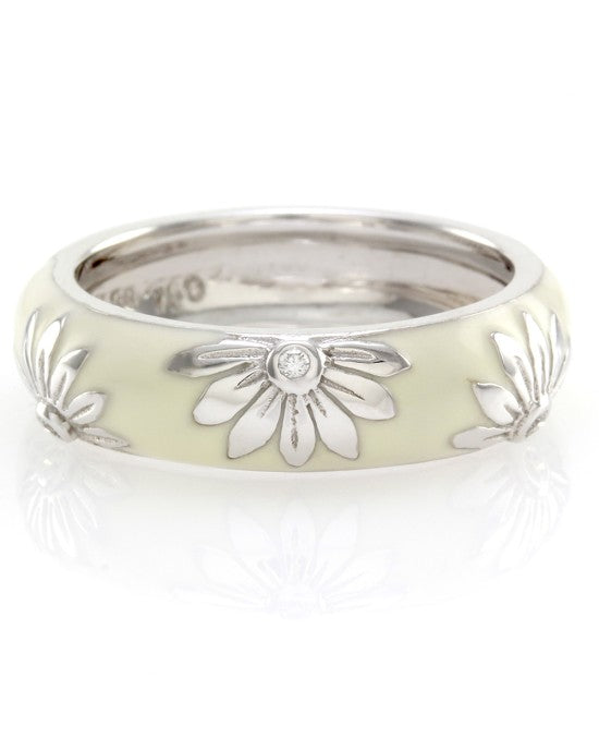 Hidalgo White Enamel Flower Band w/ 0.06ctw Diamonds in 18K White Gold SZ 6.25