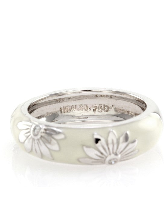 Hidalgo White Enamel Flower Band w/ 0.06ctw Diamonds in 18K White Gold SZ 6.25