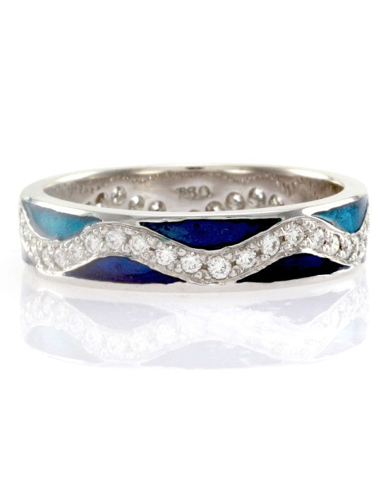 Hidalgo Ocean Blue and Navy Blue Wave Band with Diamonds in Gold