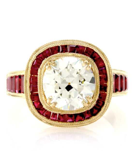 2.25ct Old European Cut Diamond Engagement Ring w/ Rubies in 18K Yellow Gold