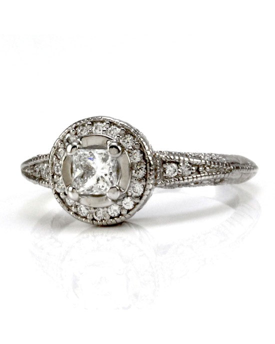 Vintage Style Princess and Round Diamond Halo Ring