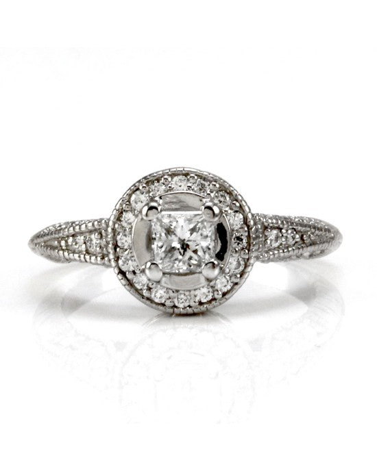 Vintage Style Princess and Round Diamond Halo Ring