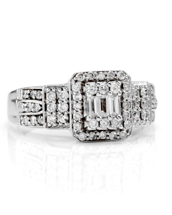 Baguette and Round Diamond Halo Ring with Milgrain Accent