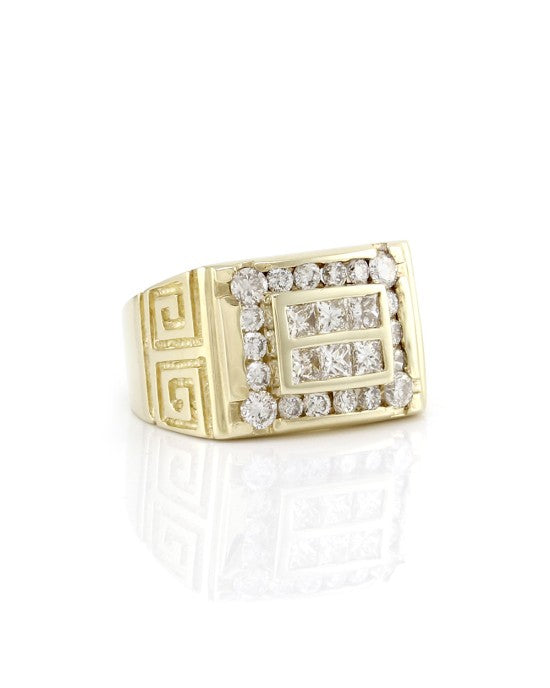 Mixed Cut Diamond Ring with Greek Key Details in 14K Yellow Gold