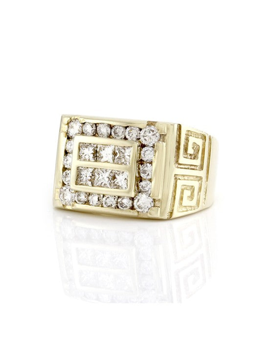 Mixed Cut Diamond Ring with Greek Key Details in 14K Yellow Gold