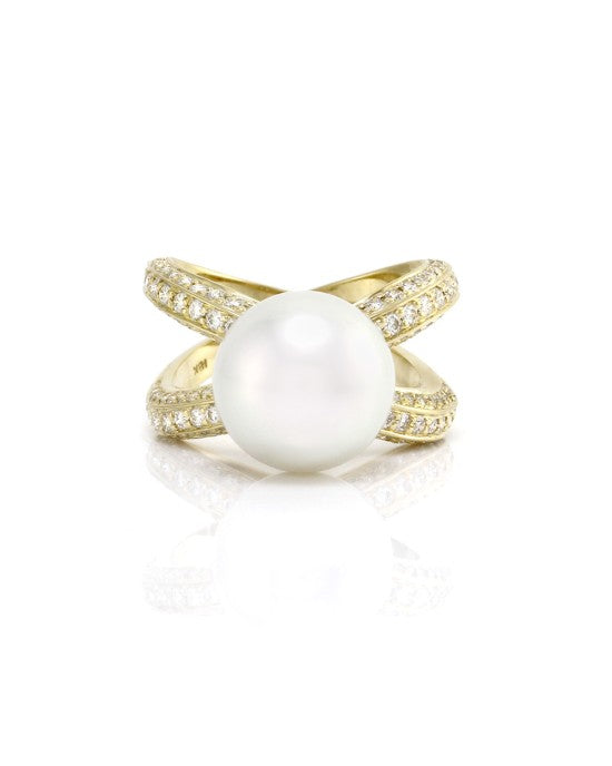 White South Sea Pearl Ring w/ Pave Diamonds in 18K Yellow Gold