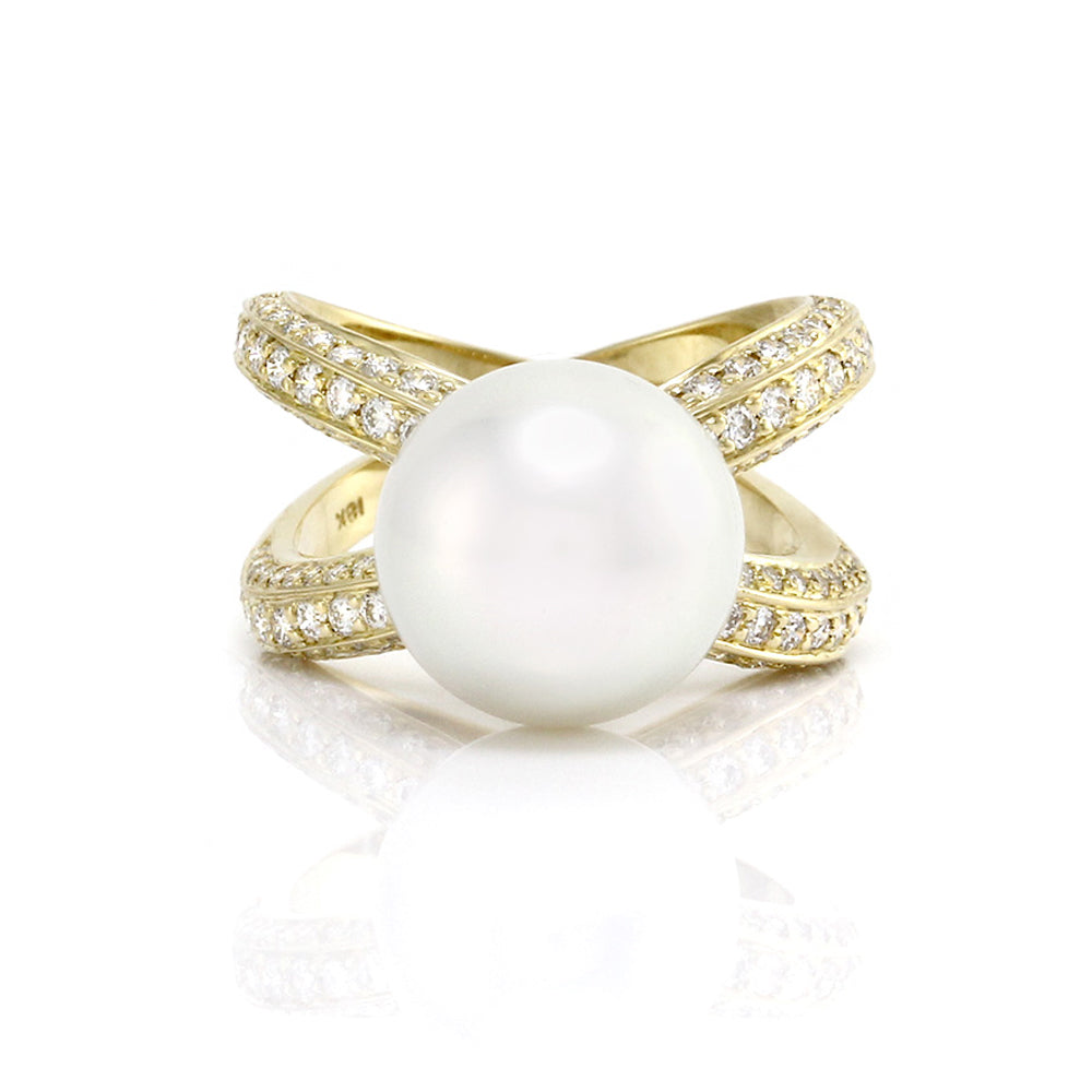 White South Sea Pearl Ring w/ Pave Diamonds in 18K Yellow Gold