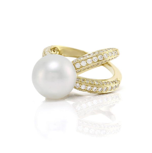 White South Sea Pearl Ring w/ Pave Diamonds in 18K Yellow Gold