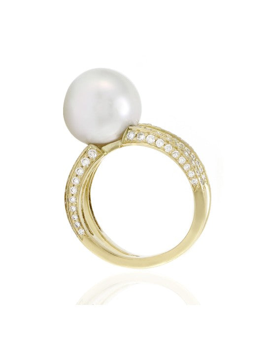 White South Sea Pearl Ring w/ Pave Diamonds in 18K Yellow Gold