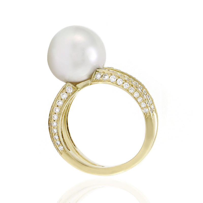 White South Sea Pearl Ring w/ Pave Diamonds in 18K Yellow Gold