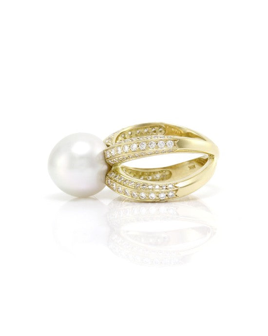 White South Sea Pearl Ring w/ Pave Diamonds in 18K Yellow Gold